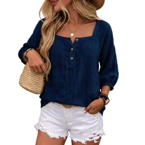 Top estivo casual da donna in lino con maniche a 3/4 blu navy