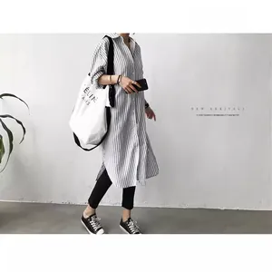 Stylish blue and white vertical striped mid-length long-sleeved loose shirt for women