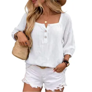 Elegante camicetta in lino bianco con maniche a 3/4 e scollo henley casual per le vacanze estive
