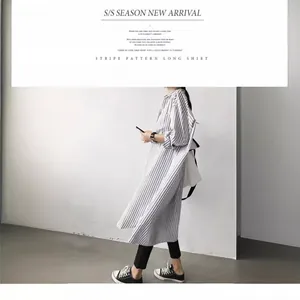 Casual blue and white vertical striped long sleeve shirt for women in loose fit style.