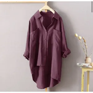 Chemise décontractée pour femmes en coton et lin violet foncé à manches longues