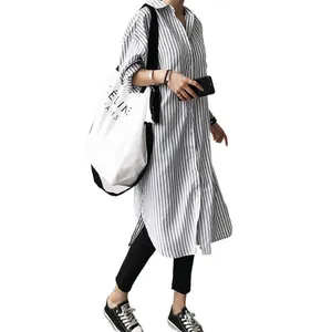 Blue and white vertical striped long sleeve loose fit tunic shirt for women