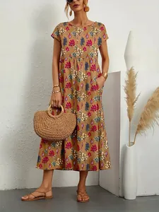 Boho-Maxikleid aus Baumwolle und Leinen mit botanischem Print und Seitentaschen
