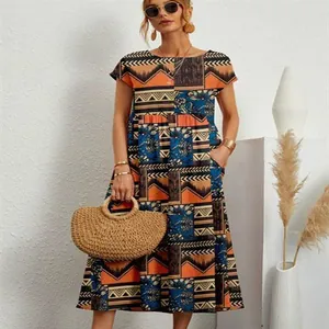 Boho Baumwolle Leinen Midikleid mit Stammesprint, Taschen und kurzen Ärmeln für den Sommer