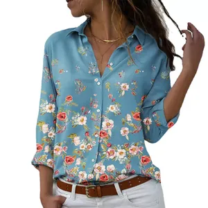 Elegant light blue long sleeve floral print button down shirt with turndown collar for women