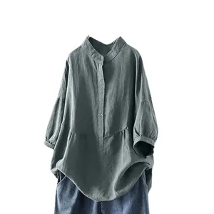 Plus size solid color long sleeve linen shirt with stand collar for women