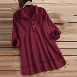 Femmes Rétro Décontracté Lin de Coton Faux Deux Pièces Chemise Couleur Unie Manches Longues Revers Blouse Haut Avec Poches