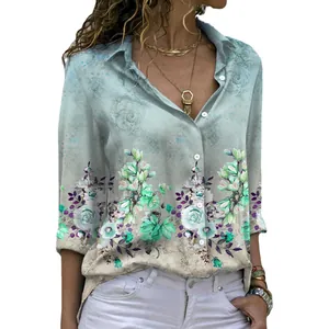 Elegant teal floral print long sleeve shirt with lapel collar and button down design