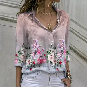 Detailed view of the vintage floral print on women's long sleeve button-down blouse