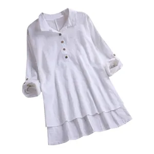 Chemise décontractée en coton et lin blanc avec ourlet étagé et manches longues femme