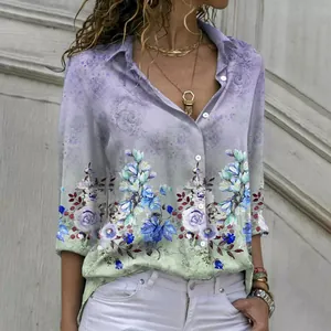 Detailed view of women's lavender floral print long-sleeve shirt with button closure