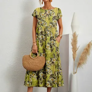 Damen Sommer Maxikleid aus Baumwolle und Leinen mit Blumendruck und Taschen