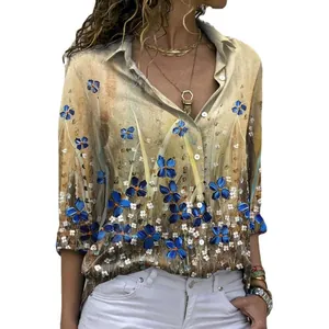 Elegant women's loose lapel long-sleeved shirt featuring a vibrant blue floral oil painting print