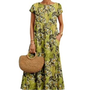 Sommerliches Damen Maxikleid aus Baumwolle und Leinen mit gelbem Gänseblümchen-Print
