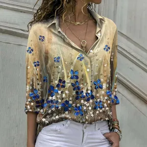 Elegant floral print button-down shirt for women with classic lapel and casual long sleeves