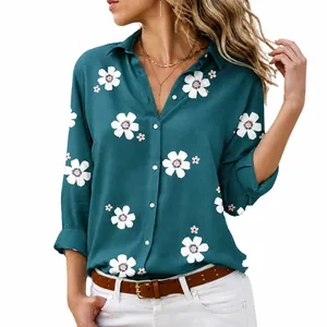 Elegant floral print long sleeve button-up shirt with lapel collar in peacock green
