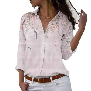 Elegant women's long sleeve floral and bird print button-down shirt with a classic lapel collar