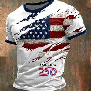 T-shirt uomo alla moda con design bandiera USA strappata e stampa America 250 sul petto