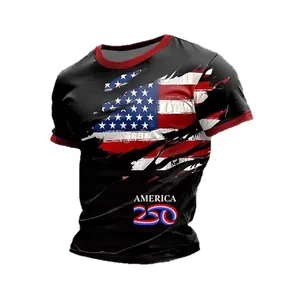 Moderna t-shirt nera da uomo con stampa bandiera americana e scritta America 250