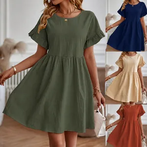 Κομψό γυναικείο φόρεμα babydoll με στρογγυλή λαιμόκοψη και βολάν μανίκια χρώματα