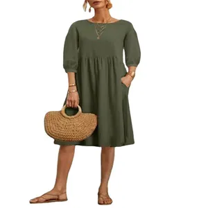 Casual olive green cotton linen midi dress featuring lantern sleeves and side pockets