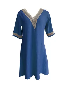 Blue cotton linen V-neck dress with intricate lace trim and mid-sleeves for casual wear