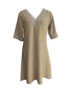 Elegant khaki V-neck cotton linen dress with delicate lace detailing on neck and sleeves