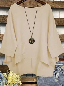 Élégante blouse en coton et lin avec ourlet irrégulier et poche avant fonctionnelle