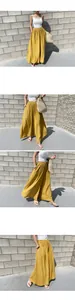 Stylish mustard yellow linen wide-leg pants for women shown from multiple outdoor angles