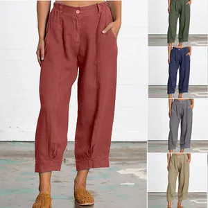 Multi-color display of loose cotton linen cropped casual pants for women