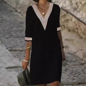 Casual black V-neck cotton linen dress with elegant white lace trim and half sleeves