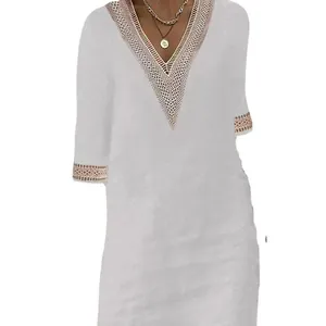 Casual women's cotton linen V-neck dress featuring elegant lace trim and medium length sleeves