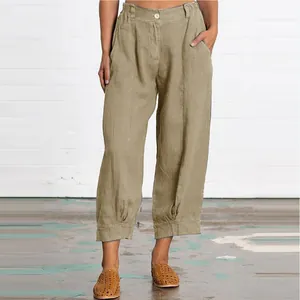 Women's loose cotton linen cropped pants in solid khaki with pleated hem detail