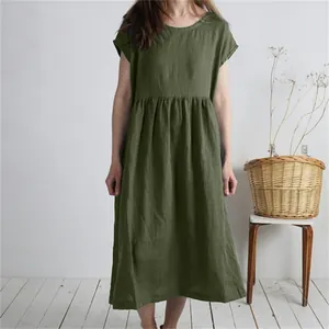Relaxed fit olive green cotton linen midi dress featuring a pleated waist design