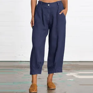 Casual navy blue cotton linen cropped pants with loose fit and pleat details