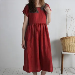 Casual red cotton linen midi dress with a round neck and pleated waist for a relaxed fit