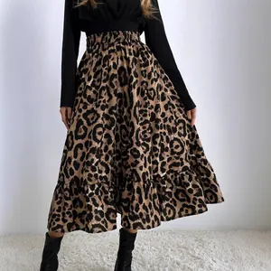 Fashionable high waist leopard print maxi skirt featuring an A-line silhouette and ruffles