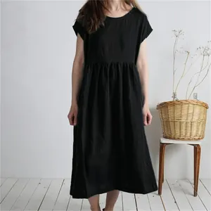Elegant loose black cotton linen midi dress featuring a round neck and pleated waist detail.