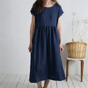 Elegant navy blue short sleeve round neck pleated loose cotton linen midi dress for women