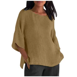 Camicia casual in cotone e lino da donna con scollo rotondo e maniche a tre quarti