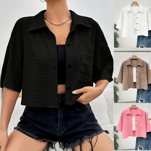 Women's stylish solid color cropped button-down shirt with front pocket and mid-sleeves