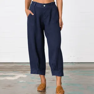 Loose fit women's cotton linen navy blue cropped casual trousers for a minimalist style