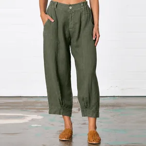 Relaxed olive green cotton linen trousers for women with a casual cropped fit