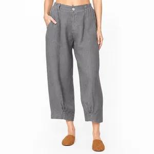 Loose cotton linen wide leg cropped trousers for women in solid gray