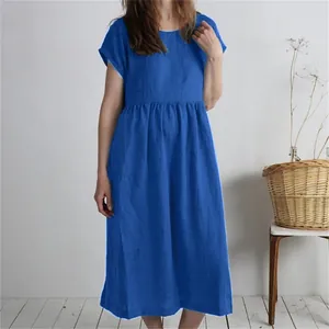 Full-length detail of blue short-sleeve pleated cotton linen midi dress