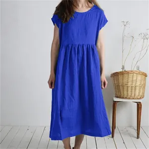 Casual blue cotton linen midi dress with round neck and short sleeves for summer