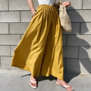 Women Casual Wide Leg Pants Summer Cotton Linen Texture High Waist Elastic Cropped Culottes Solid Color Loose Trousers For Daily Wear
