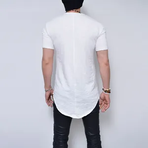 Back view of high quality men's slim fit slub cotton white T-shirt featuring a unique curved hem