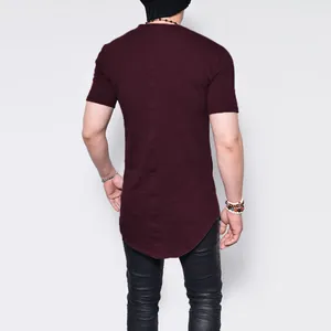 Back view of a men's burgundy slub cotton T-shirt featuring a curved longline hem.