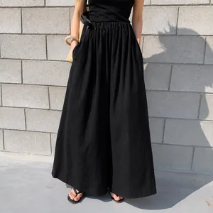 Women's stylish solid black wide-leg linen pants for a cool summer casual look